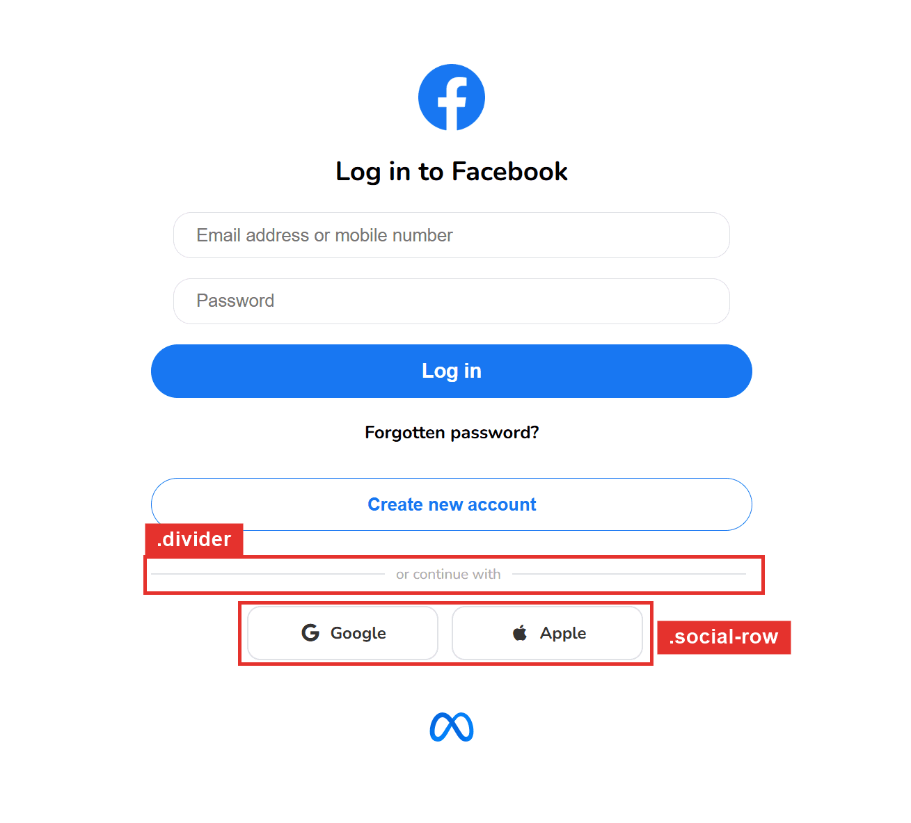 Facebook login page desired output, with the divider and social-row tags highlighted as the elements that need Flexbox